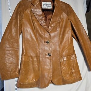 Vintage tan leather blazer jacket, likely 1970s Small